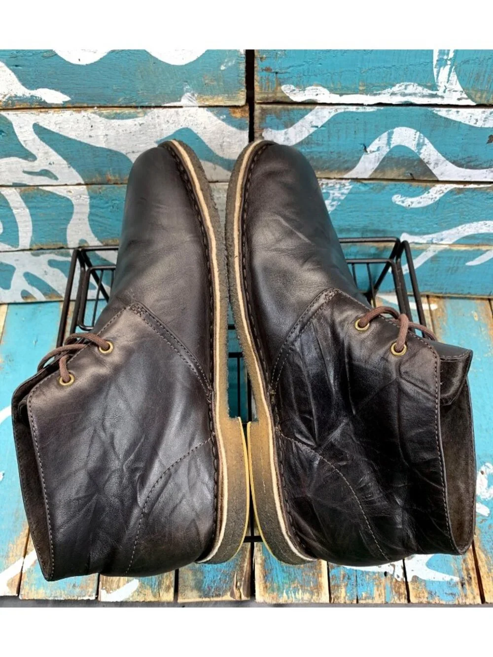 UGG Leighton Chocolate Brown Crinkled Leather Lace-Up Chukka Boots Mens Sz 10